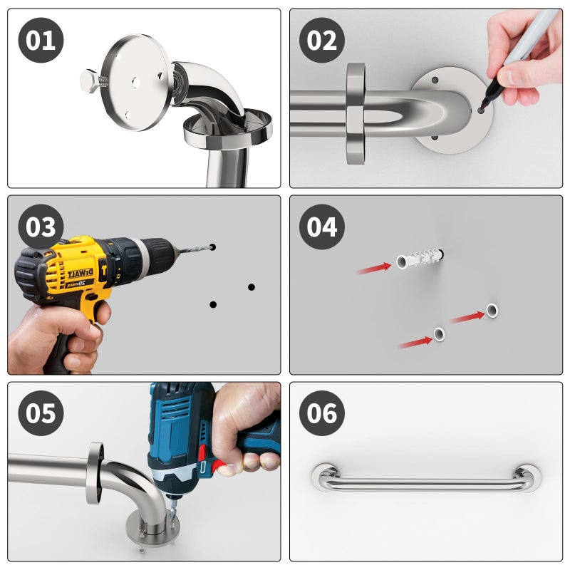 ZUEXT 16 Inch Stainless Steel Shower Grab Bar, ZUEXT Chrome Shower Handle, Bathroom Balance Bar, Safety Hand Rail Support Bar for Handicap Elderly Injury, Senior Assist Bath Tub Wall Concealed Mount Handle - Image 5